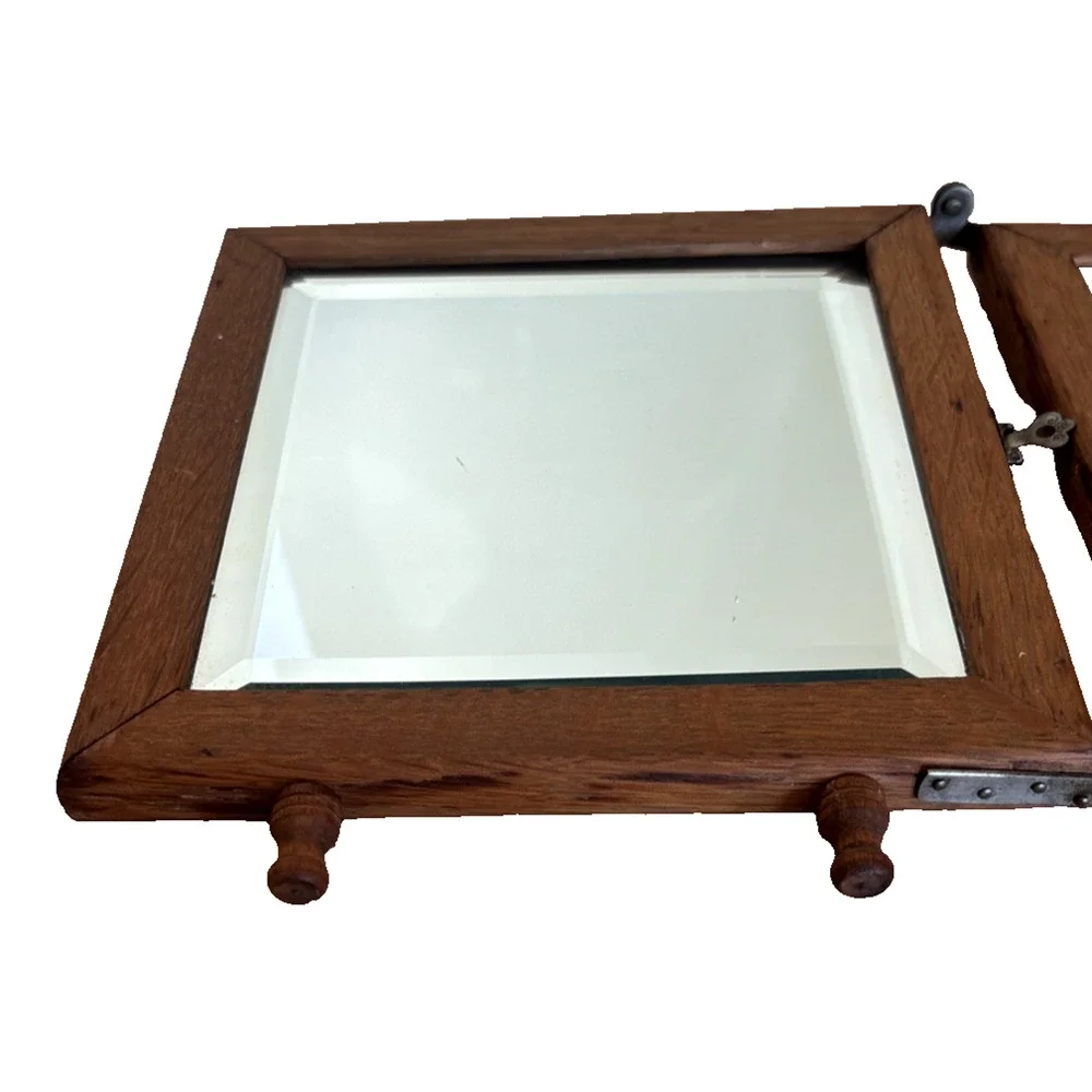 Antique Victorian Oak Tri Fold Shaving Travel Mirror Beveled Glass 23